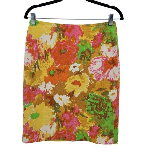 Talbots Skirt 2 Floral Garden Print 100% Cotton Pencil Mini Barkcloth Retro 60s - Picture 1 of 9